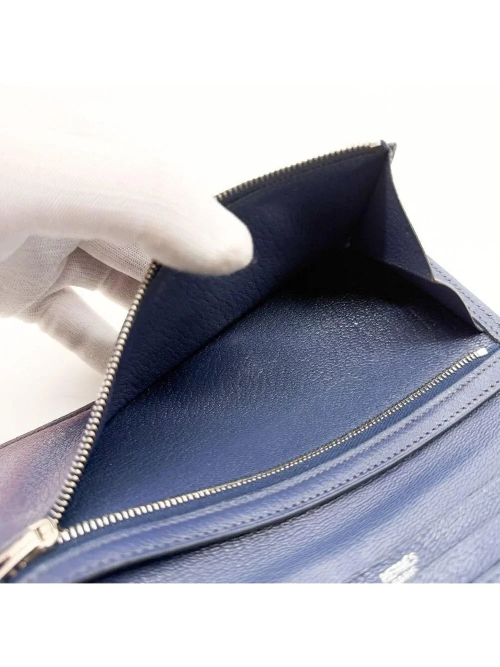 Hermes Bearn Soufflet Chevre Navy Wallet Silver Bifold